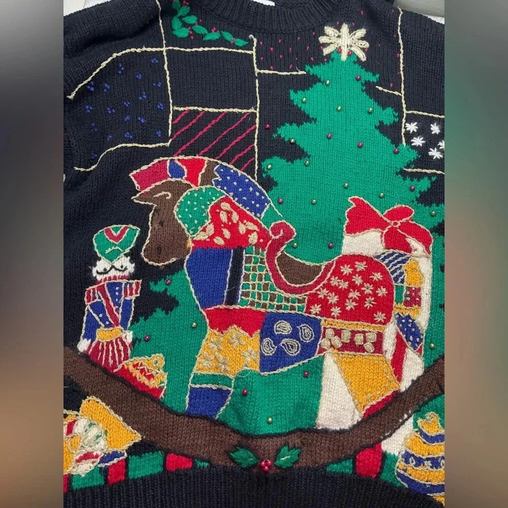 Vintage 90s Black Graphic Knit Embellished Ugly Christmas Sweater Size Large - Picture 3 of 7